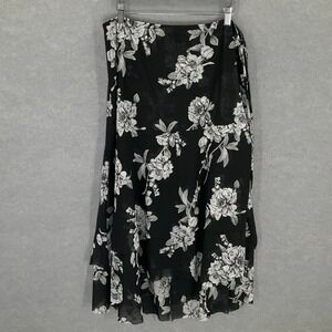 WHBM‎ Wrap Skirt Women's 18 Black Floral Print Chiffon Lined Layered Whimsical